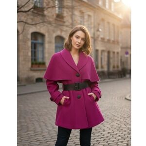 Vintage Lorovi Caped Coat Women's Wool Pink Belted Button Front Dressy Size 6